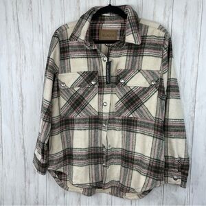 Blank NYC NWT pink cream flannel plaid snap jacket XS